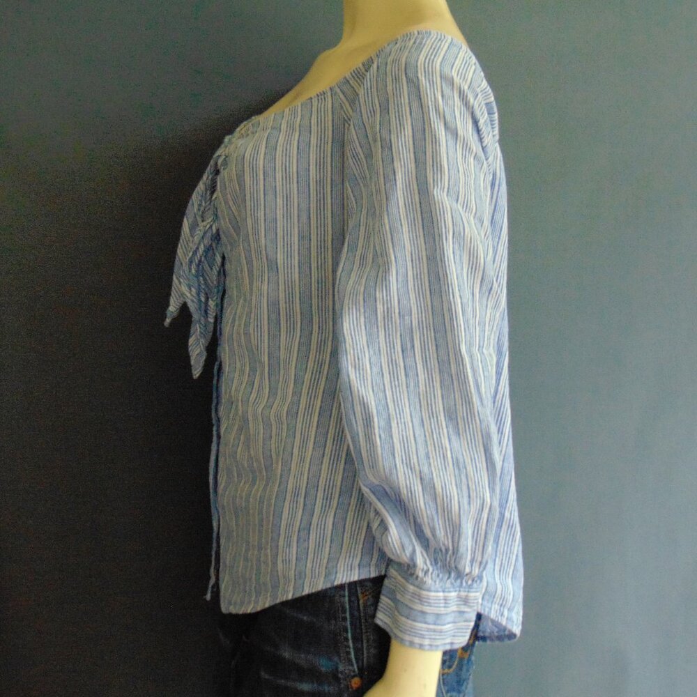 Free People Blue Striped Hello There Linen Tie Front Off Shoulder Top L - Picture 6 of 10